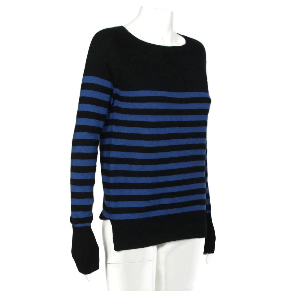 Suéter halógeno de cachemir para mujer talla M negro y azul a rayas cuello barco - 801 Foto 2 de 4