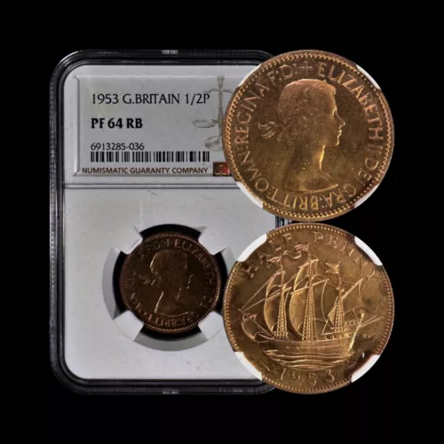 GREAT BRITAIN. 1953, 1/2 Penny - NGC PF64 - QEII, Golden Hind, RB 036