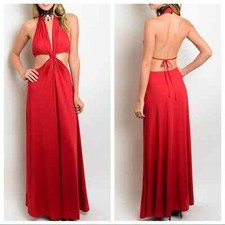 Red Backless Cutout Halter Maxi Dress Prom Cocktail Black Tie