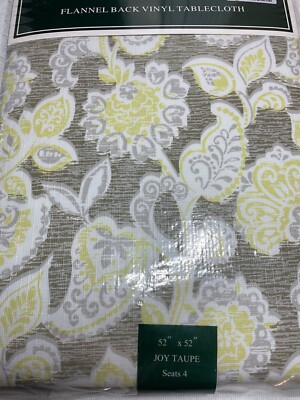 LAURA ASHLEY JOY TAUPE TABLECLOTH BROWN YELLOW 52 x 52 SQUARE FLANNELBACK NIP
