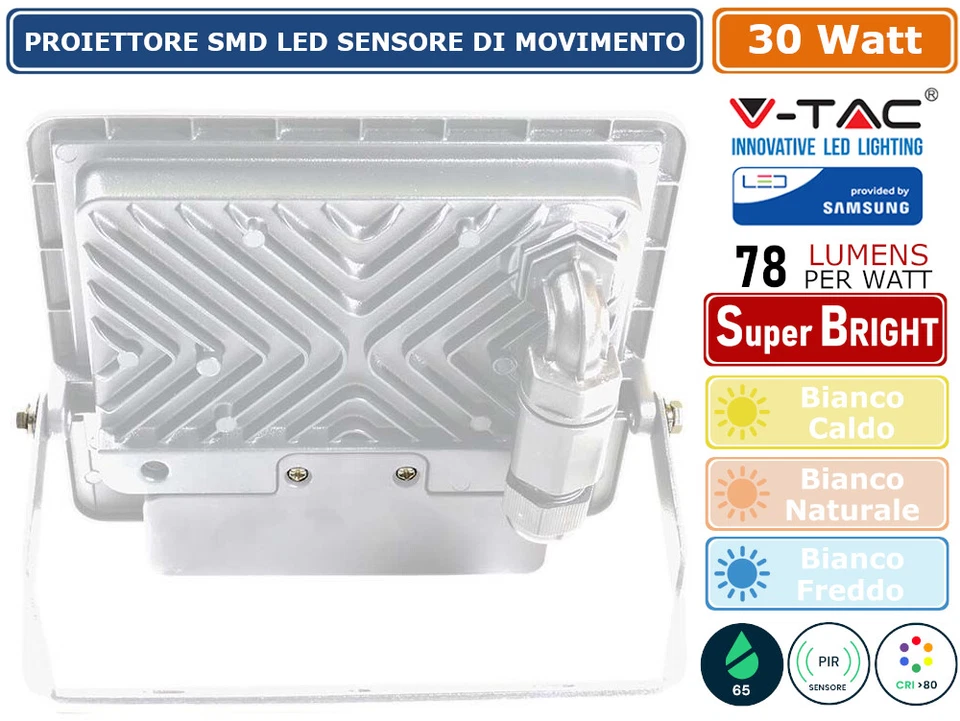 V-TAC VT-138S FARO SMD LED SAMSUNG 30W IP65 SENSORE DI MOVIMENTO E CREPUSCOLARE - Immagine 2 di 3