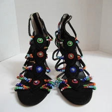 SAM EDELMAN Heels Womens 9M Black Suede Sage Colorful Beading Strappy Stilettos