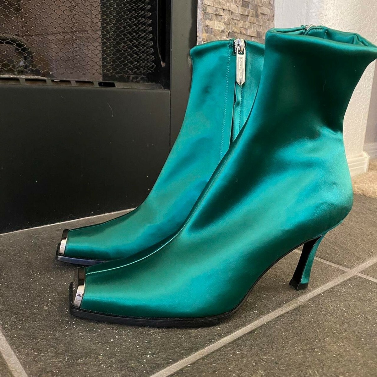 RAF Simmons x Calvin Klein Emerald Green Satin Heeled Boots 