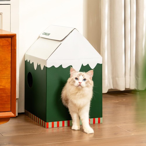 Cardboard Cat House with Scratch Pad & Catnip Cat Play Scratching House for I... - Picture 6 of 9