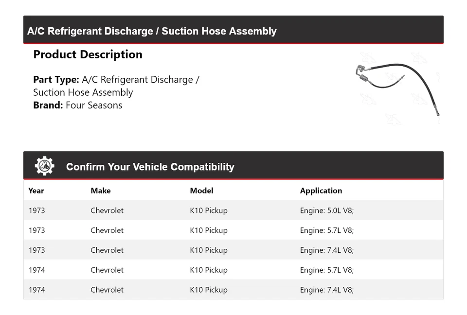 Conjunto de manguera de línea de succión de descarga para camioneta Chevrolet K10 1973-74 4 temporadas Foto 2 de 4