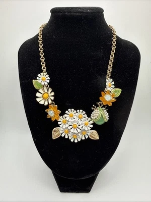 Betsey Johnson Flower Daisy Beetle/ladybug Garden Necklace Floral Statement 19" - Image 1 of 4