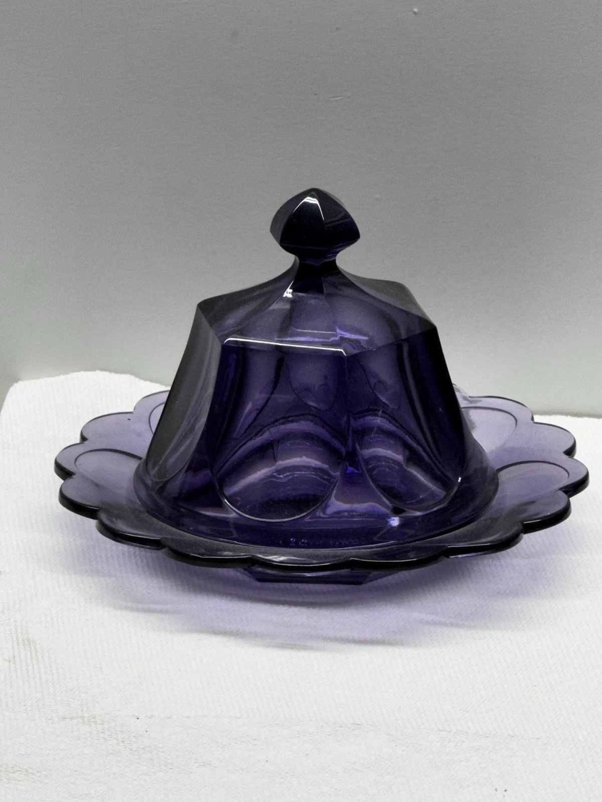 Purple Glass Round Butter Dish with Lid, stands about 6”tall Dia. 7.5” Gorgeous