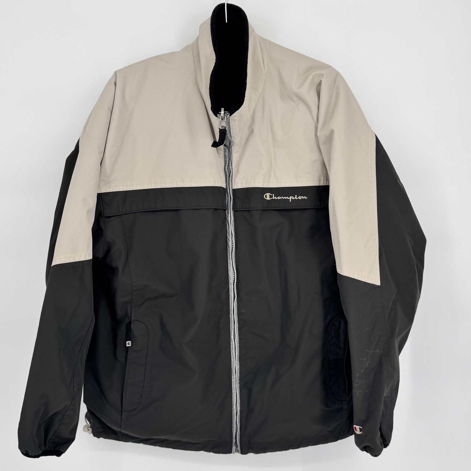 Champion Jacket Mens Large Black Beige Reversible Fleece Nylon Zip Up Coat