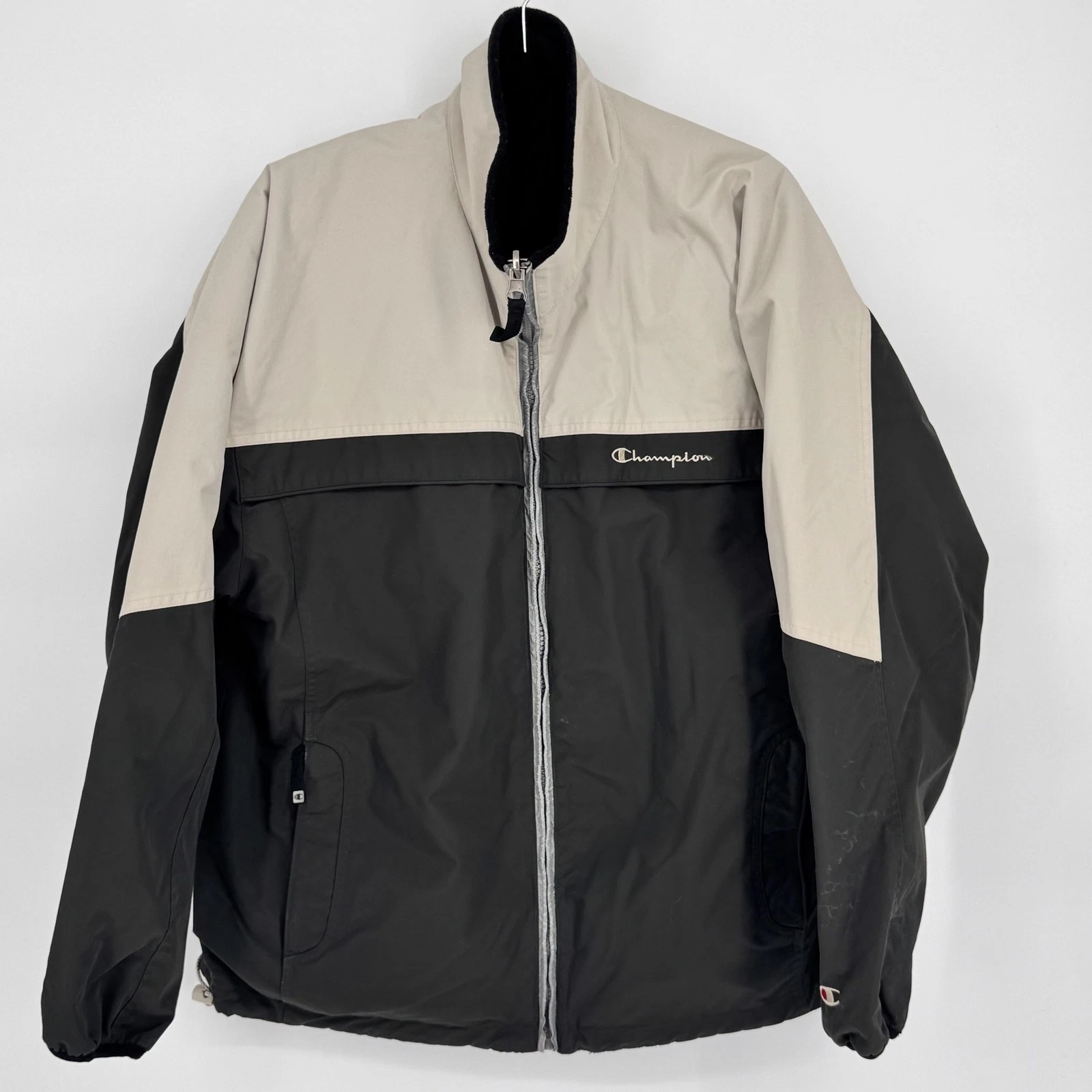 Champion Jacket Mens Large Black Beige Reversible Fleece Nylon Zip Up Coat