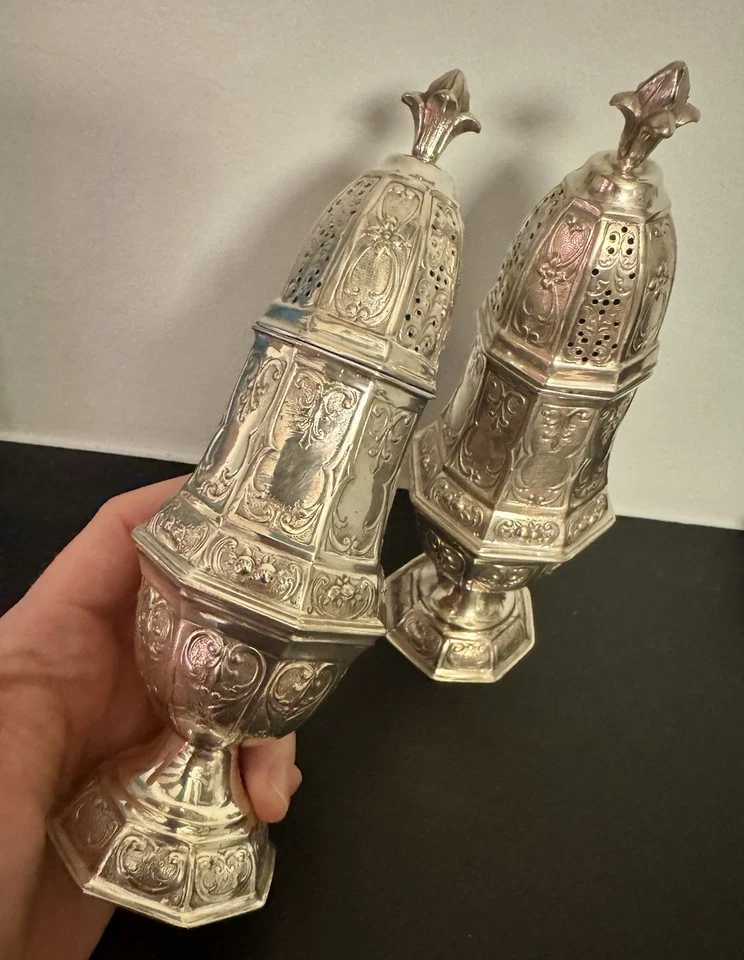 ENORME par de ruedas de azúcar de plata alemanas, George Roth (?), Hanau, C1900 (322g) Foto 3 de 4