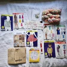 Large Craft Lot Women's & DOLL patterns Horse Stencil Yarn Zipper & CROSS STITCH