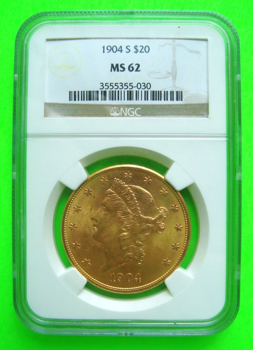 Uncirculated MS 62 Graded 1904 Year Double Eagle $20 US Gold Coins