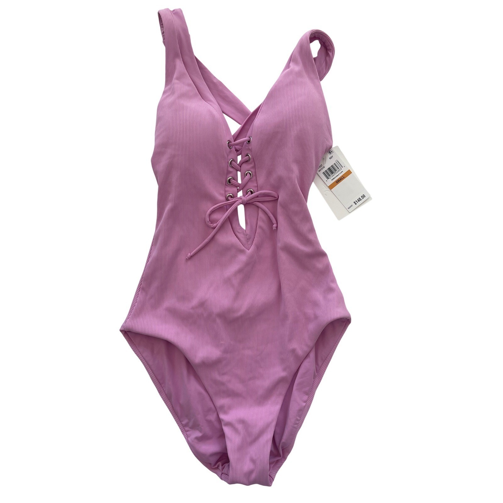 BECCA Modern Edge Plunge Lace-Up Ribbed One-Piece Swimsuit Women's Size Small