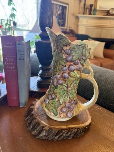 McCoy Ceramic Grapes Pitcher 11" Glossy Green Purple Yellow Art Pottery