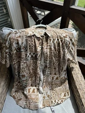 Sostanza Shirt Mens M Brown Geometric Print Button Up Casual 90s Style