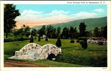 Vintage Front Avenue Park Salamanca NY Linen Postcard Stone Bridge