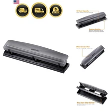 Office 3 Hole Puncher Metal Gray 12 Sheet Capacity Easy-Clean Tray