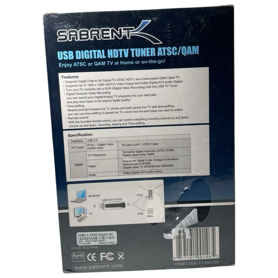 Sabrent USB Digital TV Tuner ATSC QAM Analog Remote Control Supports HDTV New - Image 3 of 4