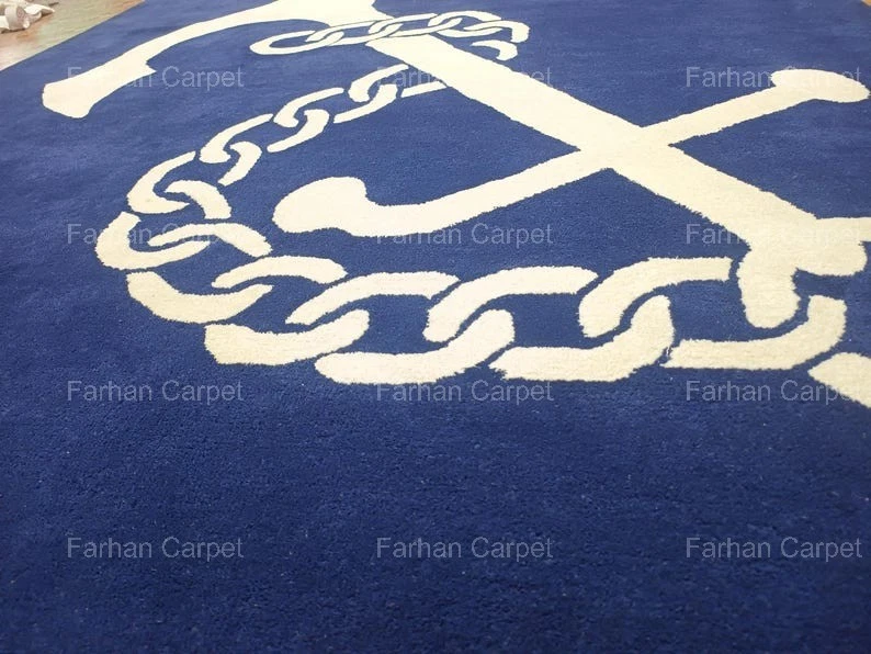 Modern - Nautical Design Hand Tufted- Wool Area Rug – Blue & White Anchor Chain. - Image 2 of 4