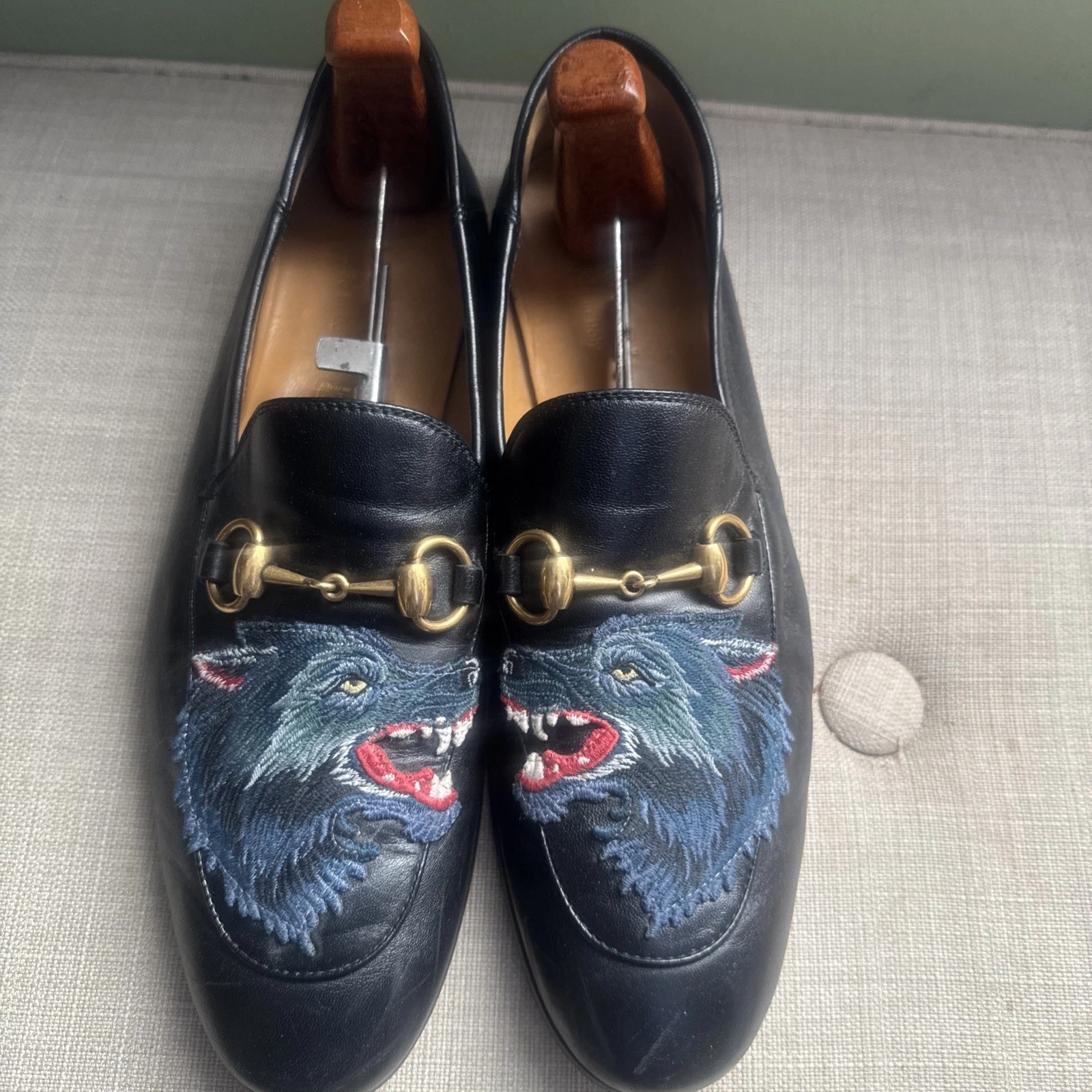 MOCASSINS GUCCI BRIXTON WOLF HORSE BIT CHAUSSURES EN CUIR NOIR POINTURE 7,5 US !!!