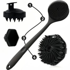 Silicone Bath Brush Set 4 Pack Long Handle Body Back Exfoliating Shower Scrubber