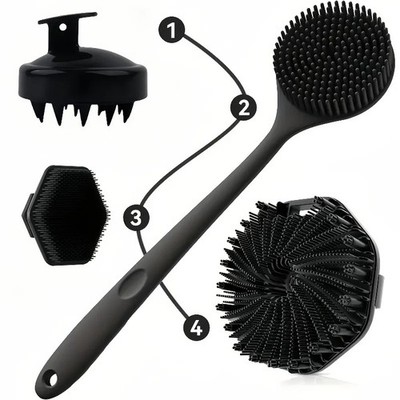 Silicone Bath Brush Set 4 Pack Long Handle Body Back Exfoliating Shower Scrubber