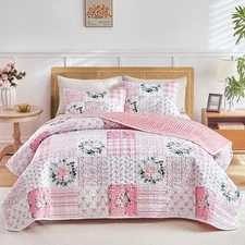3 Pieces Floral Patchwork Quilt Set California King, 102x114 inches- Pink n W...
