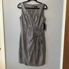 Adrianna Papell Satin Rosette Drape Sleeveless Gray Metallic Sheath Dress NWT