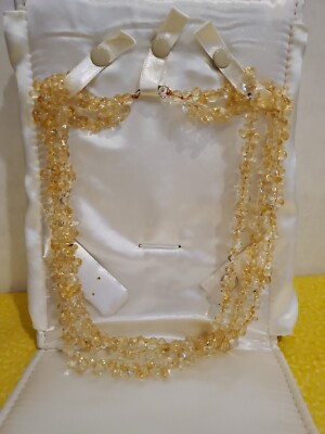 Stauer Citrine Yellow Beaded Necklace Choker Triple Strand Braided Silver Clasp