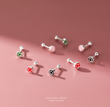 STERLING SILVER Tiny 5mm ENAMEL Round Happy Face SCREW BACK STUD EARRINGS I66