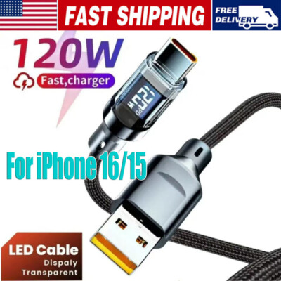 120w Super Fast USB Type-C Charging Cable Braid Phone Charger Lead with Display