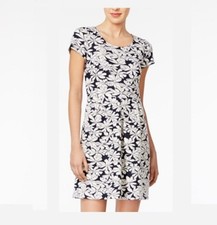 NWT Maison Jules Navy Blue White Floral A-Line Dress Cotton Knit Stretch XXS