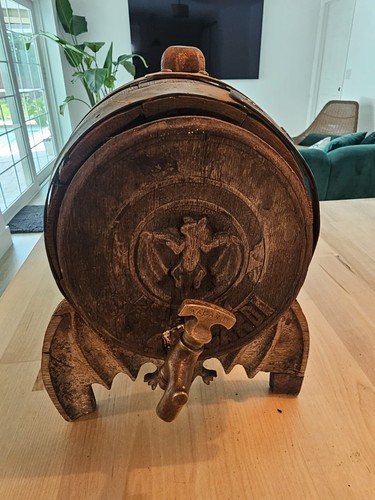 VINTAGE HAND CARVED OAK WOOD BACARDI RUM BARREL WITH BAT WINGS STAND