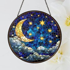 Celestial Moon and Star Stained Glass Suncatcher, Starry Night Window Ornament