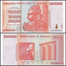 Zimbabwe 20 Trillion Dollars Banknote AA2008 UNC 100% Authentic Circulated COA
