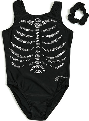 Halloween Gymnastics Leotard for Girls, Crystal Ribcage Black Skeleton with Rhin