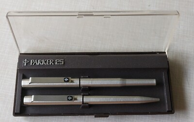VTG Black Label Parker 25 Stainless Steel Fountain Pen & Ballpoint Set ...