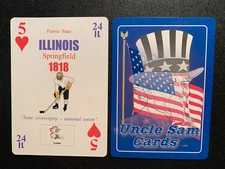 Swap Playing  Card   UNCLE SAM   ILLINOIS   FIVE  OF HEARTS  1991