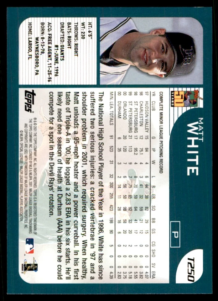 2001 TOPPS TRADED. MATT WHITE. TAMPA BAY DEVIL RAYS #T250 - Image 2 of 2