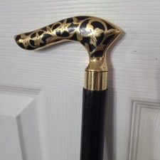 Vintage Black  Antique Brass Handle Inlay Wooden Walking Stick Cane Victorian