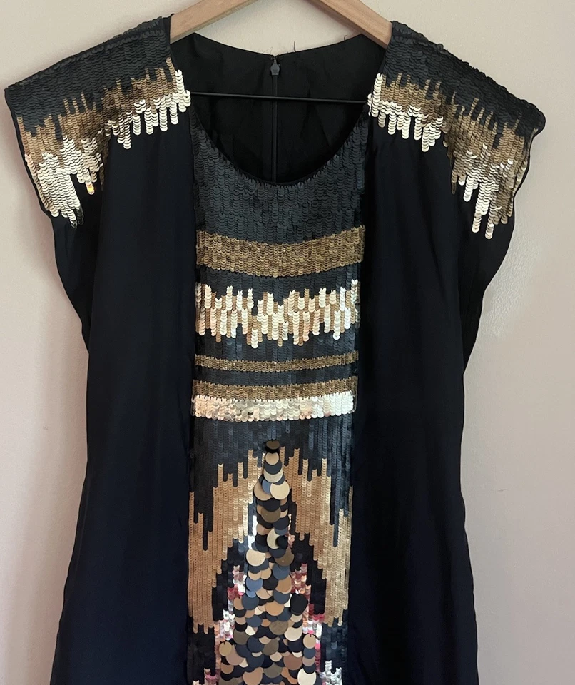 Yoana Baraschi Silk Dress Black Gold Sequin Sheath Shift XS 0 2 Boho Anthro - Image 3 of 4