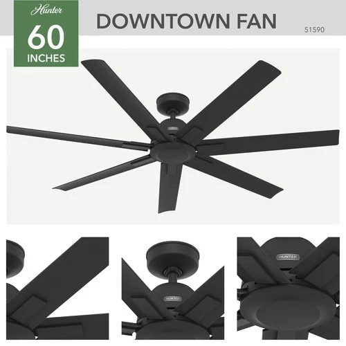 60" Hunter Downtown Matte Black Damp Ceiling Fan with Wall Control - Picture 7 of 10