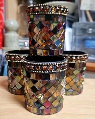 4 PartyLite Global Fusion Mosaic Glass Tile Votive Tea Light Candle Holder