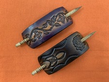 2 Leather Hair Barrettes w Sticks, Ponytail, Flower Floral Handcrafted 217