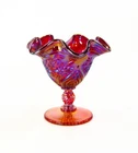 Fenton Glass Red Carnival Crimped Compote or Nut Dish - Signed - Made 1995