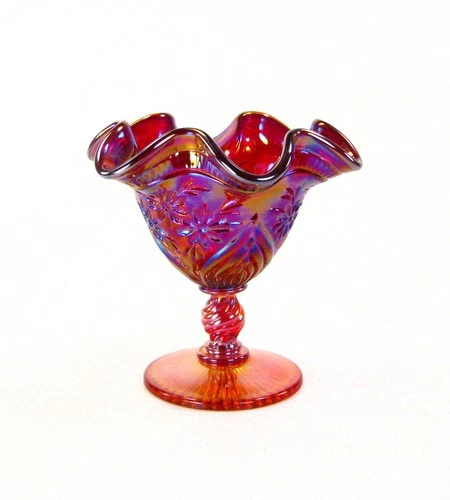 Fenton Glass Red Carnival Crimped Compote or Nut Dish - Signed - Made 1995