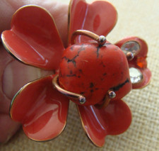 Large Enamel Flower Ring w Red Natural Stone Crystals Adjusts Size 8