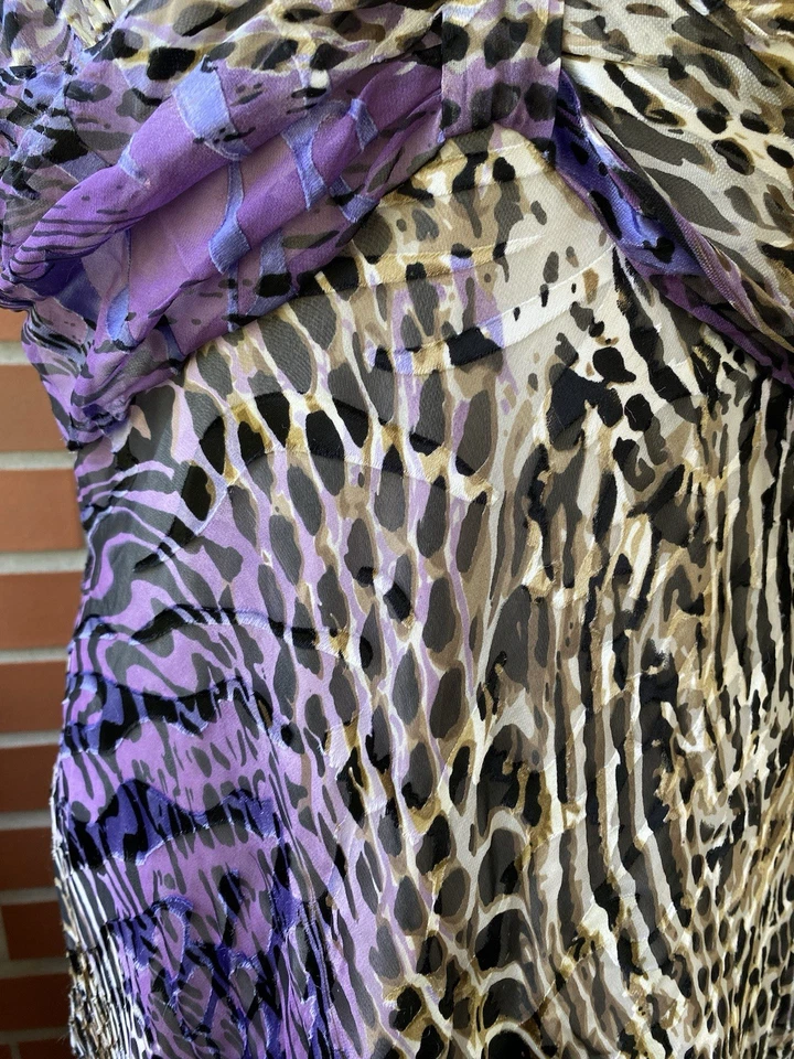 Vestido para mujer Joseph Ribkoff talla 10 animal estampado púrpura mezcla seda forrado usado en excelente estado Foto 3 de 4
