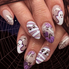 24Pcs Halloween Press on Nails Short Almond Fake Nails with Pumpkin Mummy Spider