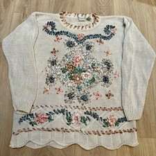 Amazing Vintage Coquette Cottage Core Chunky Knit M Pearl Ribbon Sweater Rare